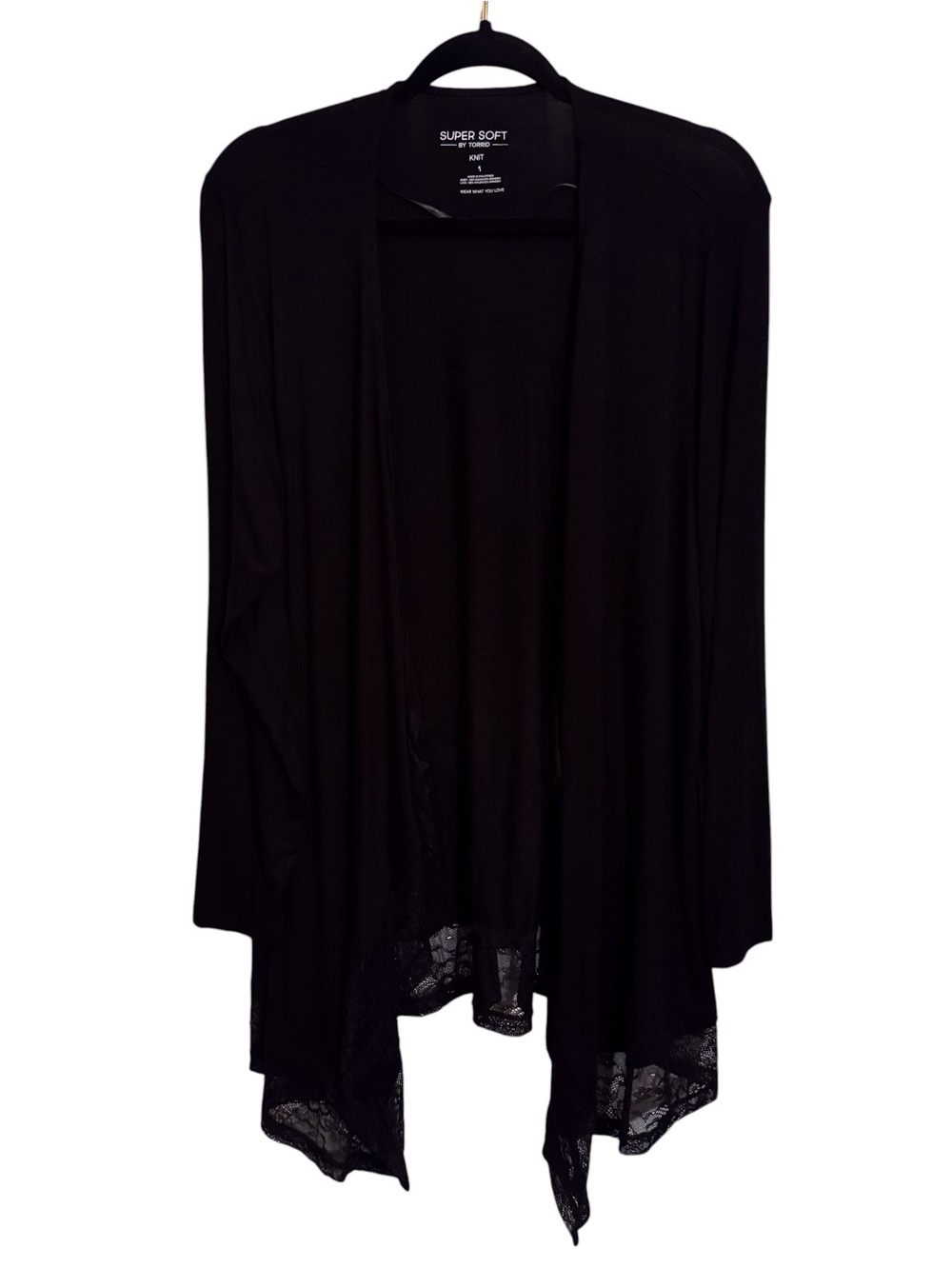 Torrid Super Soft SZ 1X Black Open Front Top Lace Tunic Goth Stretch Long Sleeve